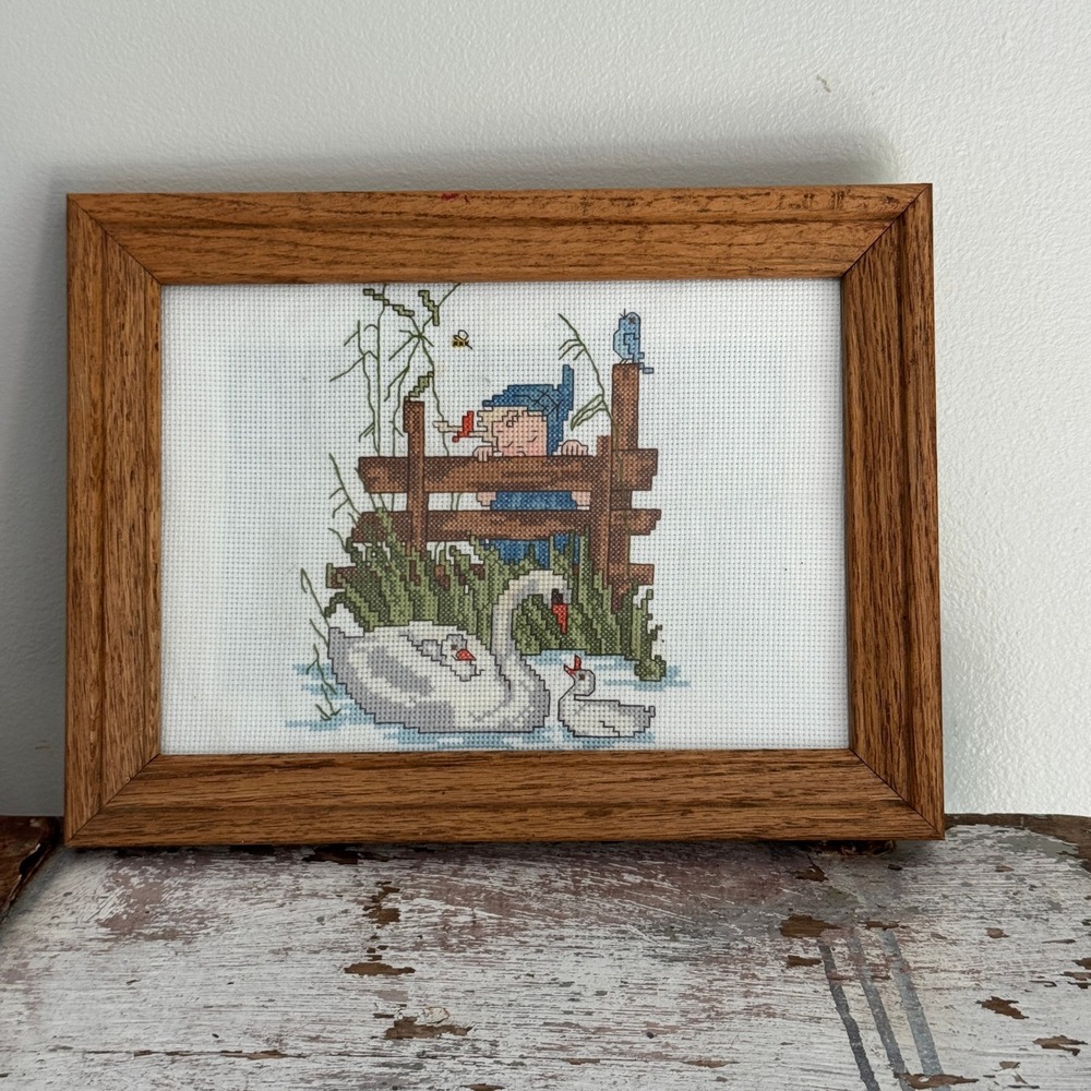 Vintage Handmade Cross Stitch Swan & Gnome Oak Frame Gallery Wall Folk Art Decor